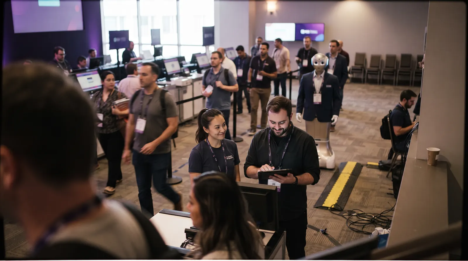 Event crew talking beside self-service badge stations while attendees move through a conference check-in hall